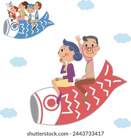 An image of a three-generation family celebrating while sitting on a carp streamer