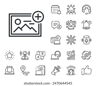 Image thumbnail sign. Place location, technology and smart speaker outline icons. Add photo line icon. Picture placeholder symbol. Add photo line sign. Influencer, brand ambassador icon. Vector