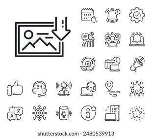 Signo de Miniatura de Imagen. Coloca iconos de ubicación, tecnología y contorno de altavoz inteligente. Icono de línea de Descarga. Símbolo de marcador de imagen. Letrero de la línea de la foto de Descarga. Vector