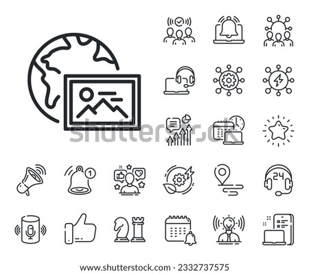 Image thumbnail sign. Place location, technology and smart speaker outline icons. Web photo line icon. Picture album placeholder symbol. Web photo line sign. Influencer, brand ambassador icon. Vector