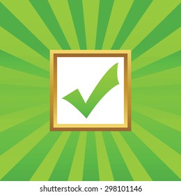 Image of tick mark in golden frame, on green abstract background