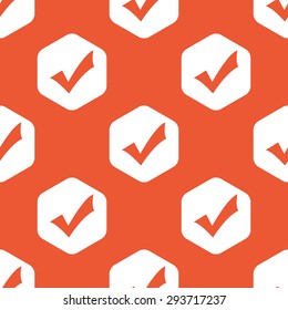 Image of tick mark in white hexagon, repeated on orange background
