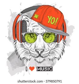 The image of the tiger in the glasses, headphones and in hip-hop hat. Vector illustration.