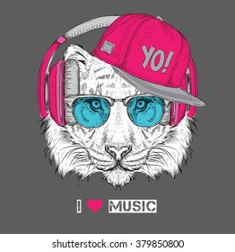 The image of the tiger in the glasses, headphones and in hip-hop hat. Vector illustration.