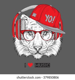 The image of the tiger in the glasses, headphones and in hip-hop hat. Vector illustration.