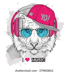 The image of the tiger in the glasses, headphones and in hip-hop hat. Vector illustration.