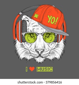 The image of the tiger in the glasses and headphones. Vector illustration.