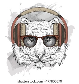 The image of the tiger in the glasses and headphones. Vector illustration.