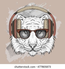 The image of the tiger in the glasses and headphones. Vector illustration.