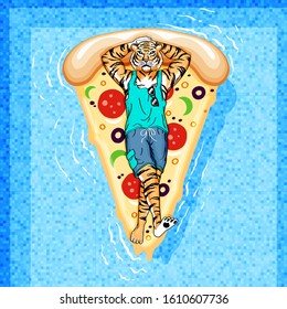 An image of a tiger laying on a pizza-shaped float in a pool.