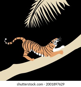 An image of a tiger in the wild . Profile of a plastic stretching wild cat on a black background.