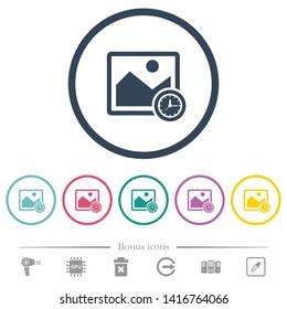 Image time flat color icons in round outlines. 6 bonus icons included.