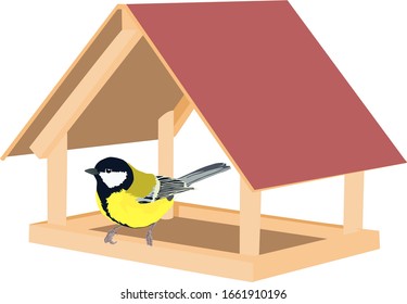 image of a tit bird with a bright plumage that sits in a wooden bird feeder.
stock isolated illustration on white background for printing on postcards, websites, shop advertising in cartoon style.