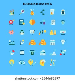 The image is titled "BUSINESS ICONS PACK" and contains a collection of 36 colorful icons related to business and finance. The icons are arranged in a grid format with six rows and six columns.