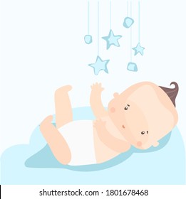 image of a toddler in a diaper playing with toys hanging over him on a delicate blue background.
stock isolated illustration on white background for printing on postcards, websites, shop advertisement