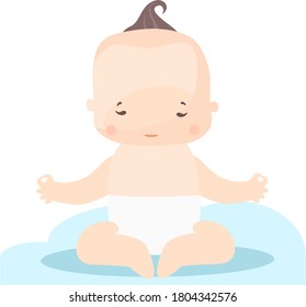 
image of a toddler on a blue background, who practices yoga, in the lotus position with closed eyes.vector stock illustration of a newborn man, a fat naked baby in cartoon style for printing on cloth
