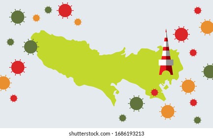 Image of Tokyo contaminated by virus. Flat illustration background image