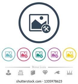 Image tools flat color icons in round outlines. 6 bonus icons included.