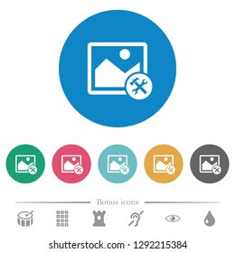 Image tools flat white icons on round color backgrounds. 6 bonus icons included.