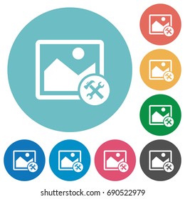 Image tools flat white icons on round color backgrounds