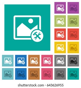 Image tools multi colored flat icons on plain square backgrounds. Included white and darker icon variations for hover or active effects.