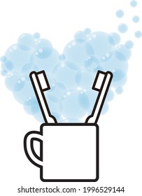 Imagen de un cepillo de dientes frente al otro en una taza y una burbuja azul en forma de corazón