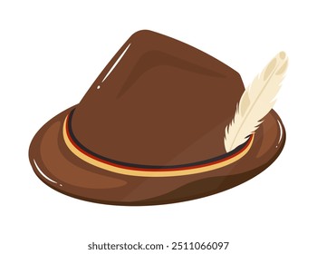 An image of a traditional german hat adorned with a feather drawn in a flat vector illustration style showcasing classic headwear