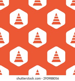 Image of traffic cone in white hexagon, repeated on orange background