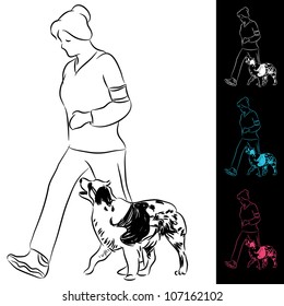 An image of trainer walking a border collie dog.