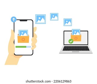 Image Transfer Concept. Image Folder Transferring Phone To Laptop. Exchange Files Technology