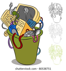 An image of a trash can of obsolete electronic devices.