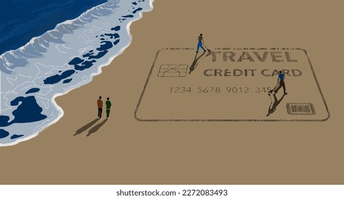 The image of a travel credit card is raked into beach sand in this vector illustration.
