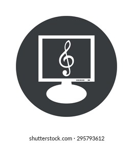 Image of treble clef on monitor, in black circle, isolated on white