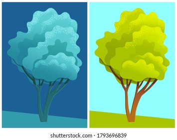 Image of tree with lush green crown day and night. Lonely tree in middle of green field. Deciduous vegetation. Oak, beech, hornbeam, maple. Flat vector image in cartoon style for games, advertising