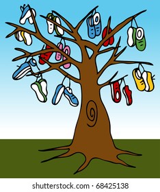 An image of a tree with many shoes hanging from the limbs.