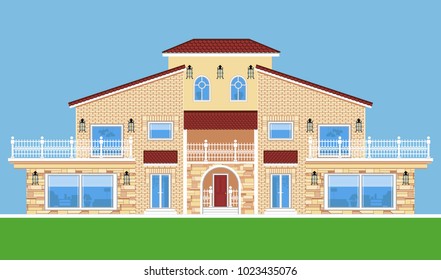 Image of tree-storey villa. Flat style.