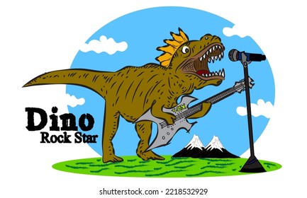 Das Bild eines T-Rex-Dinosauriers, der Rockmusik und Gitarre mit einem Bild aus dem Hintergrund der Berge und der hellen Natur spielt, eignet sich hervorragend für dekorative Bilder von Schulaktivitäten oder Musikveranstaltungen.