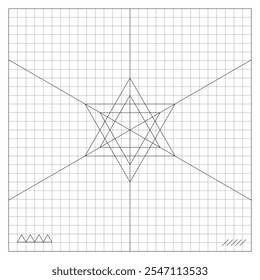 Imagen de triángulos conectados en el punto central en una estrella de seis puntas en una hoja de papel a cuadros. Hoja de papel escolar forrada en una jaula con dibujo matemático de seis estrellas puntiagudas