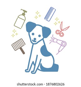 Image of trimmed dog surrounded by shampoo and comb