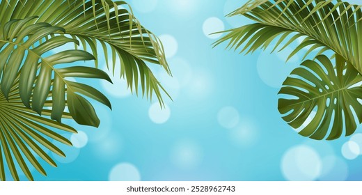 Image of tropical green palm over blue pastel background