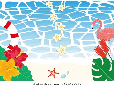 An image of a tropical ocean surface with plumeria floating on it.
The design is surrounded by swim rings, flamingos,
and tropical flowers such as hibiscus.
Landscape orientation.