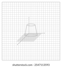 Image of truncated cone with base on coordinate grid on notebook sheet of checkered paper. School paper sheet lined in a cage with mathematical drawing of truncated cone. Simple black and white vector