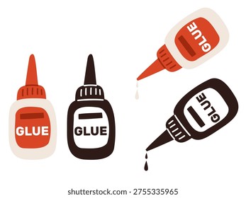 Image tube of glue. Falling drip from bottle dropper. Stationery adhesive drops. Handmade craft or repair tools. Fixing gel phial. Liquid bonding. Vector set of icons of bubble with biting solution