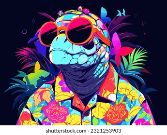 Imagen de una tortuga con gafas de sol y una camisa hawaiana