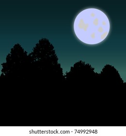 Image of a twilight night scene with moon and tree silhouettes.