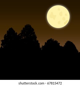 Image of a twilight scene with a bright moon and tree silhouettes.