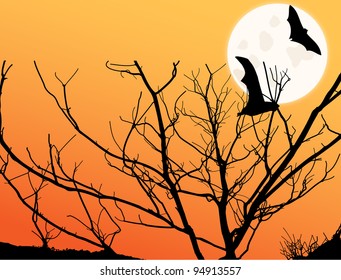 Image of a twilight scene with moon and tree and bat silhouettes.