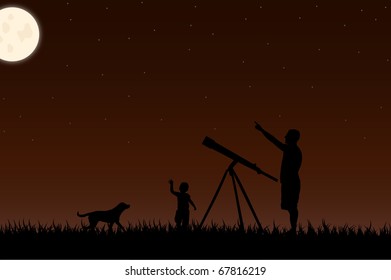 Image of a twilight scene with silhouettes and a telescope against a night sky background with moon.