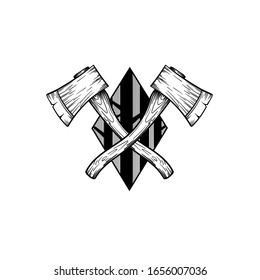 Imagen de dos hachas. Dos hachas cruzadas. Se puede usar como un boceto de un tatuaje.
