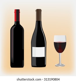 an image of two bottles of different shapes and glass filled with wine